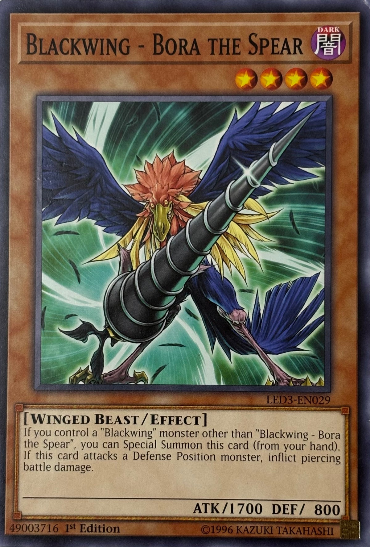 Yugioh! Blackwing - Bora The Spear Led3-en029 1st edition
