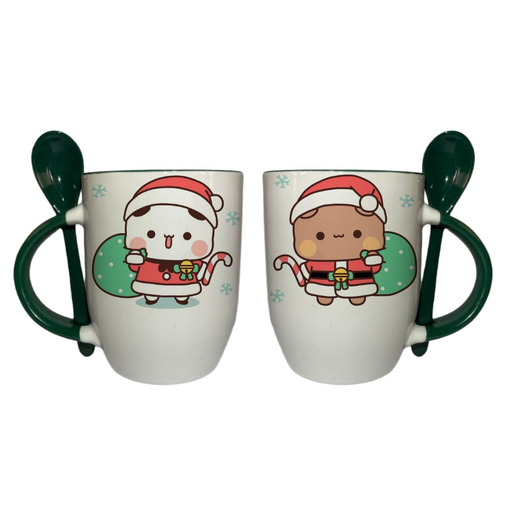 Tazas En Pareja Con Cuchara Verde Oscuro Bubu y Dudu Navidad