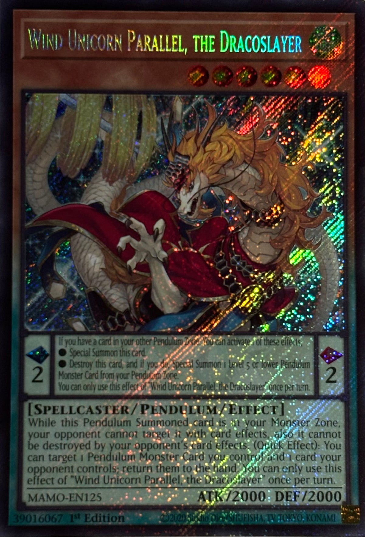 Yugioh! Wind Unicorn Parallel, The Dracoslayer Mamo-en125 1st edition Secret rare