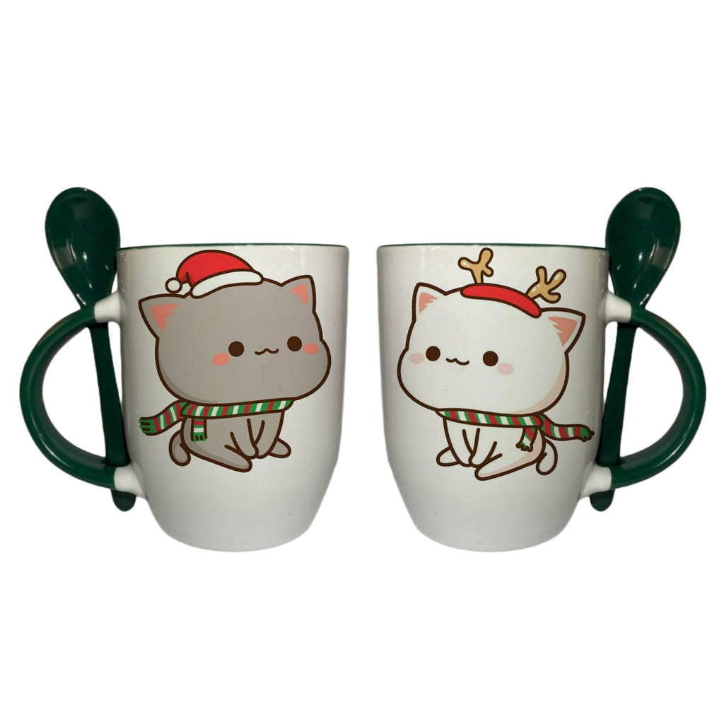 Tazas En Pareja Con Cuchara Verde Oscuro Bubu y Dudu Navidad