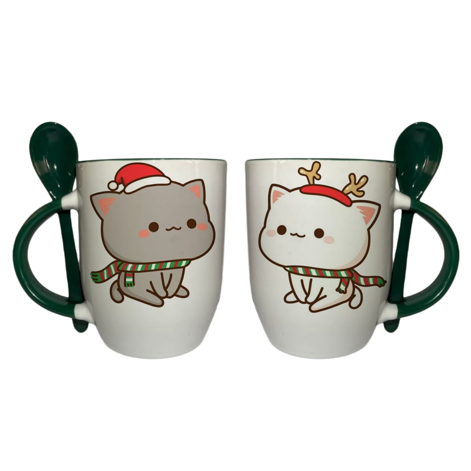 Tazas En Pareja Con Cuchara Verde Oscuro Bubu y Dudu Navidad
