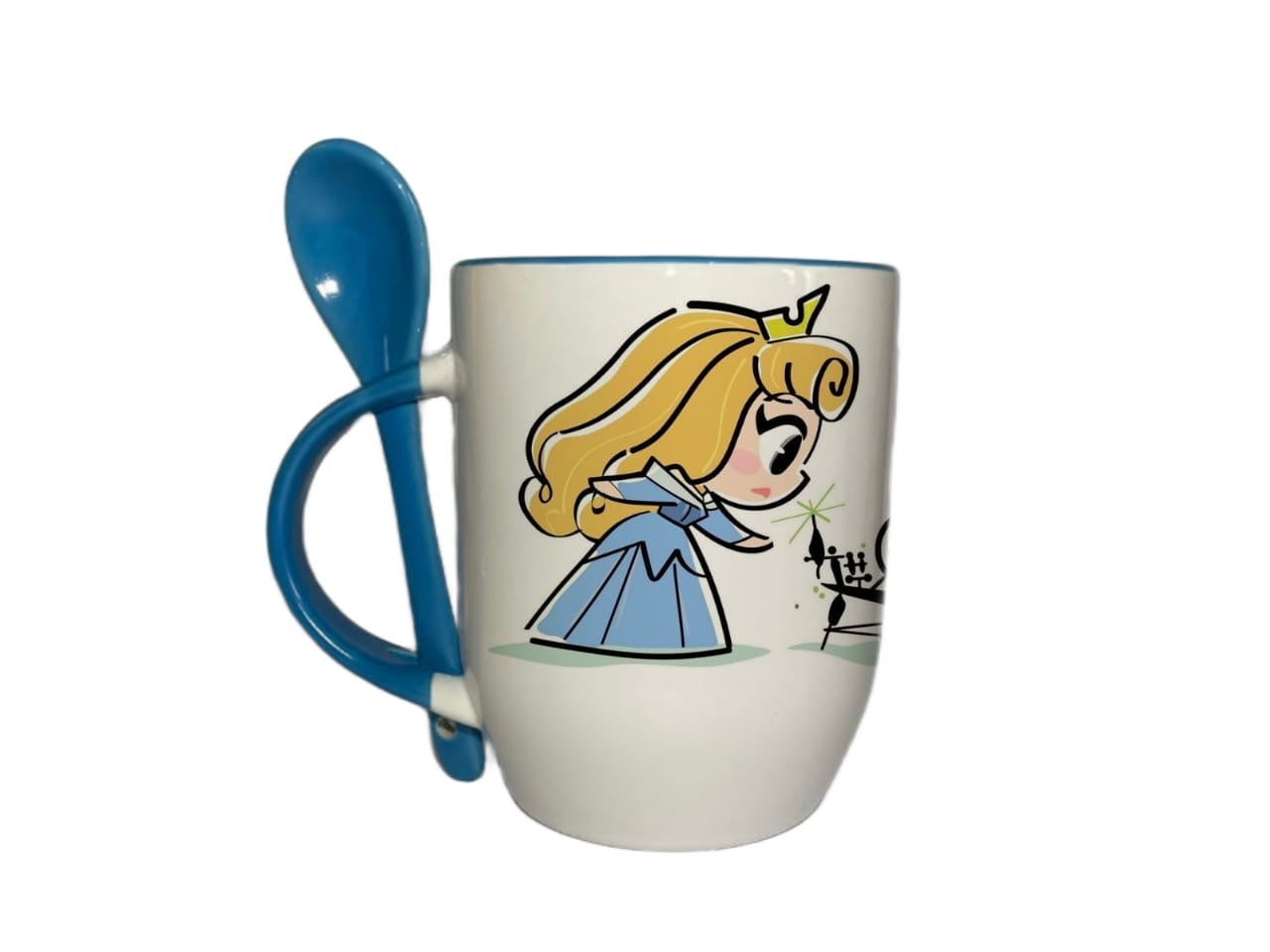 Taza Con Cuchara Azul Celeste Princesa Aurora La Bella Durmiente