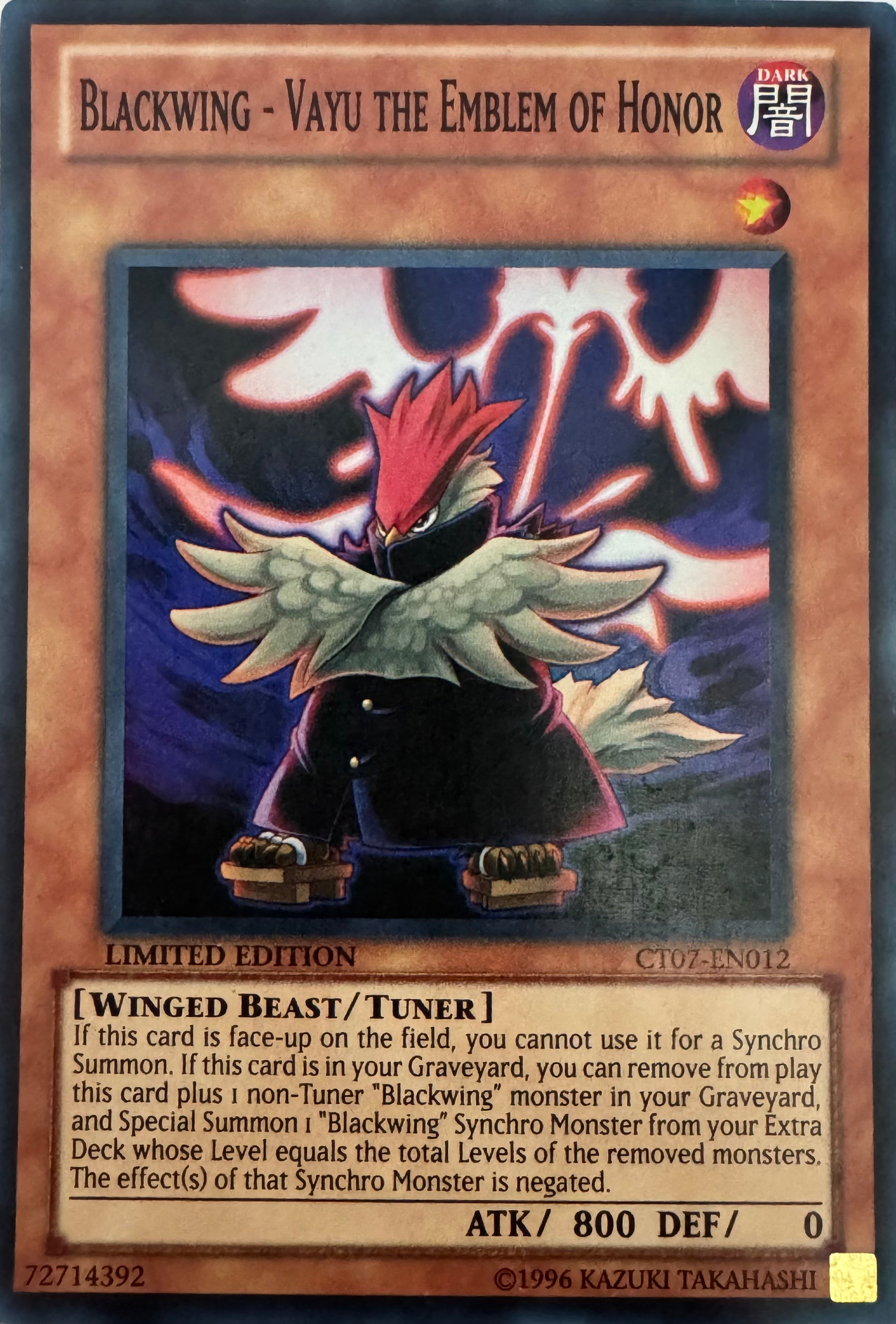 Yugioh! Blackwing - Vayu The Emblem Of Honor Ct07-en012 Limited Edition Super Rare