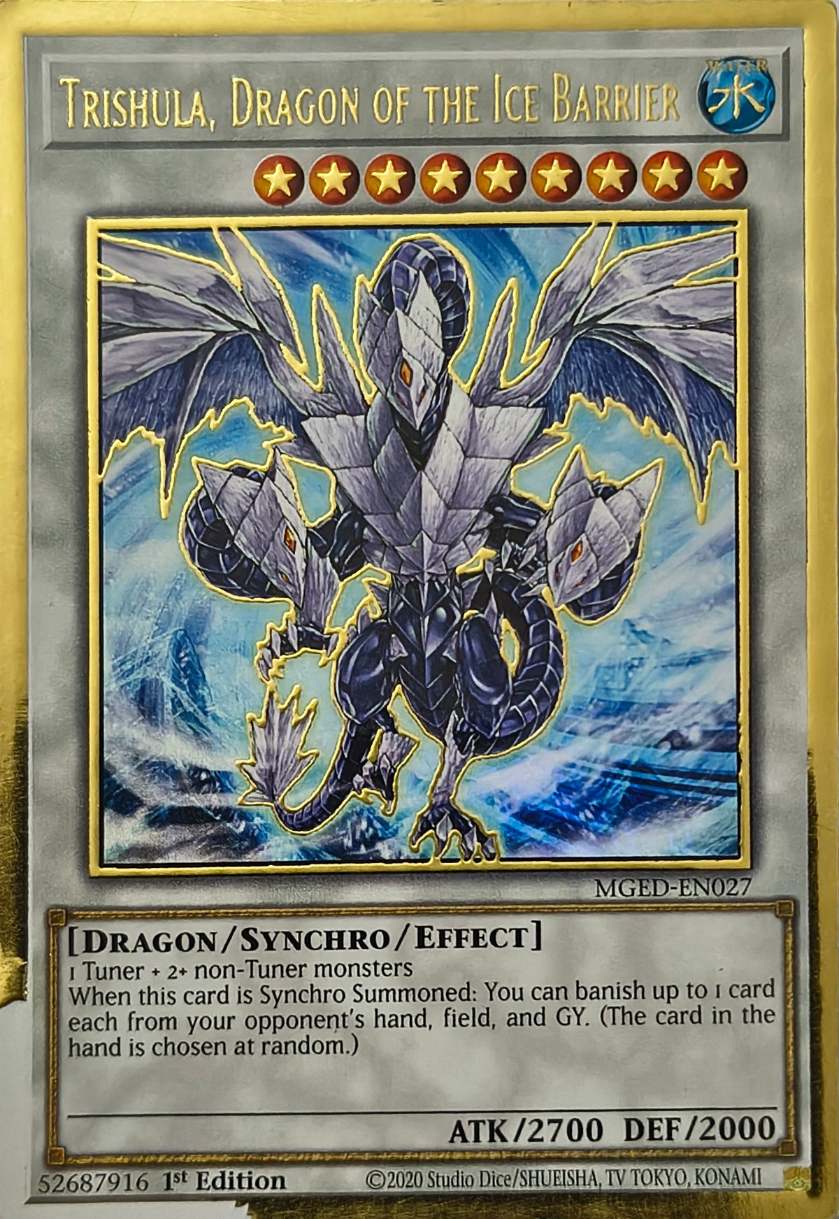 Yugioh! Trishula, Dragon Of The Ice Barrier Mged-En027 1st Edition Gold Rare