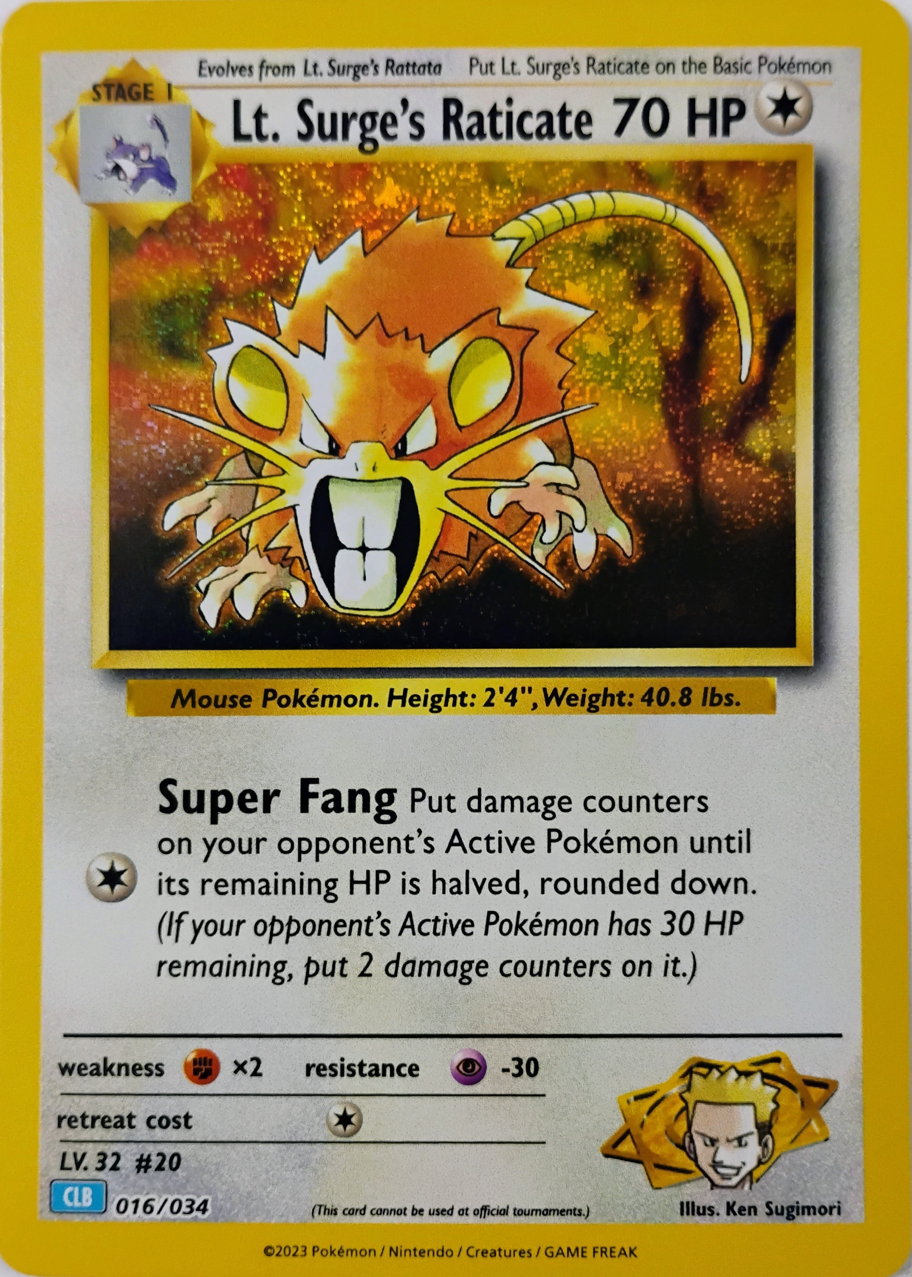 Pokémon tcg Lt. Surge's Raticate 016/034 Holo Cosmo (Clb)