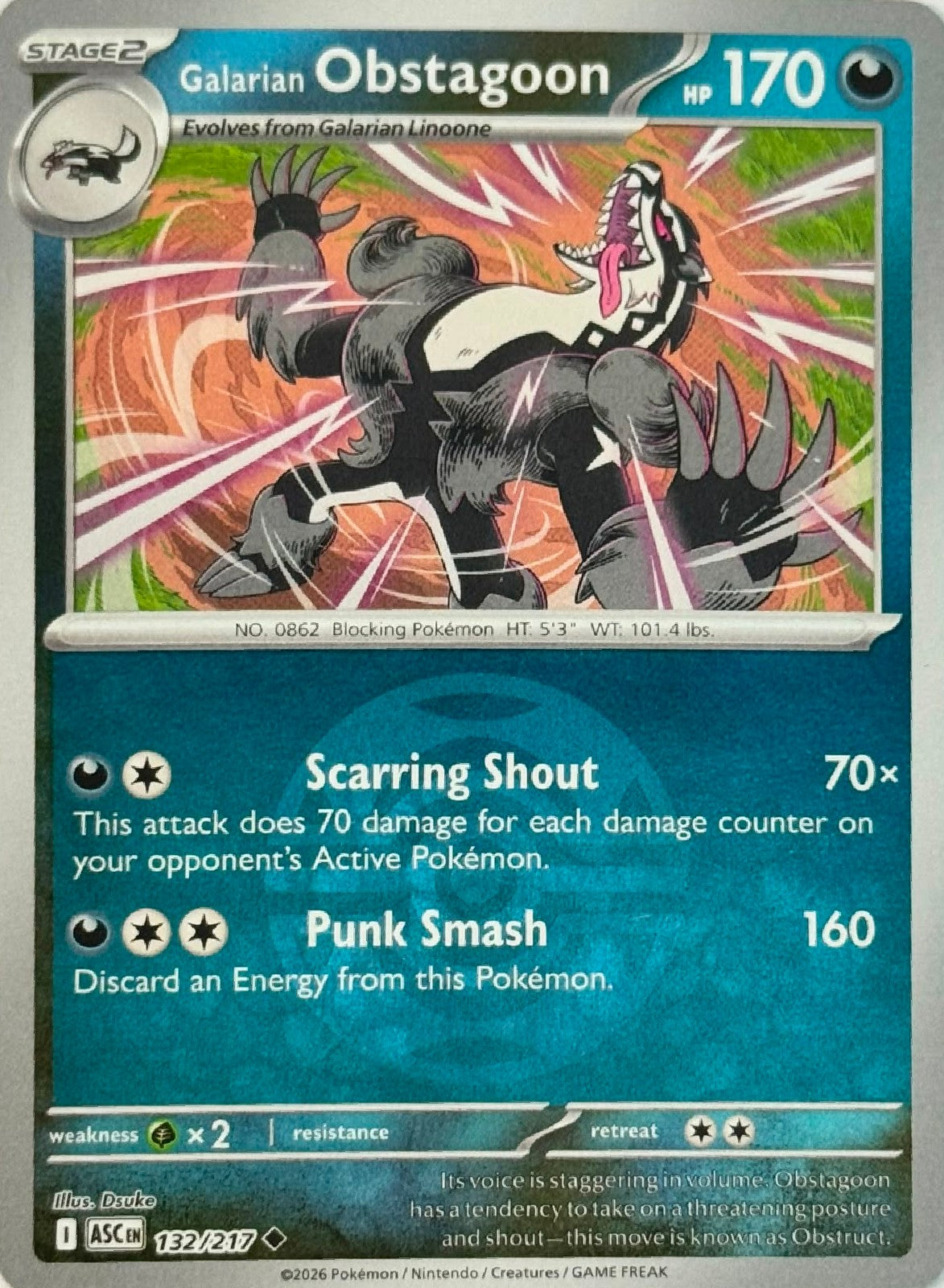Pokémon Tcg Galarian Obstagoon 132/217 (Dusk Ball)