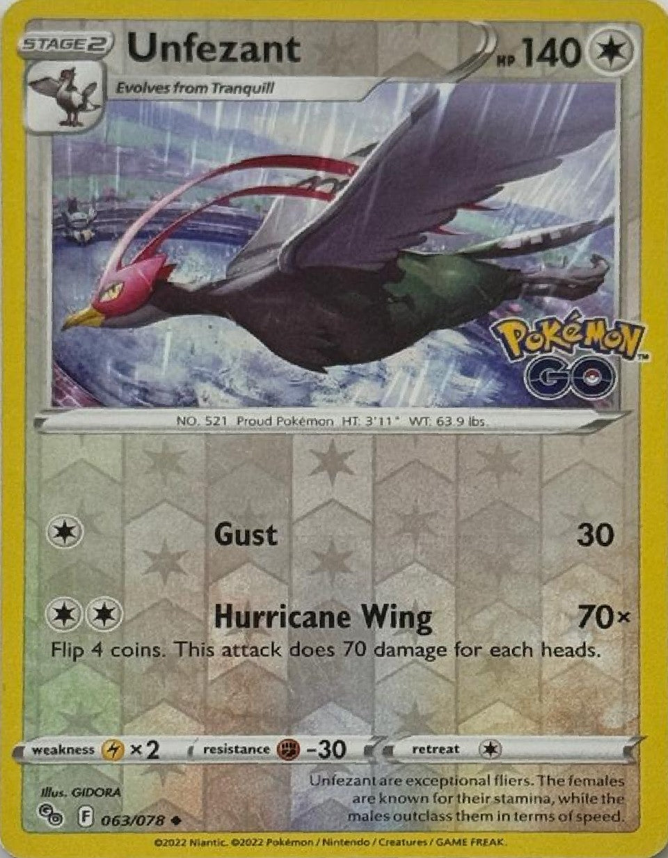 Pokémon Tcg Unfezant 063/078 Reverse (Pokémon Go)