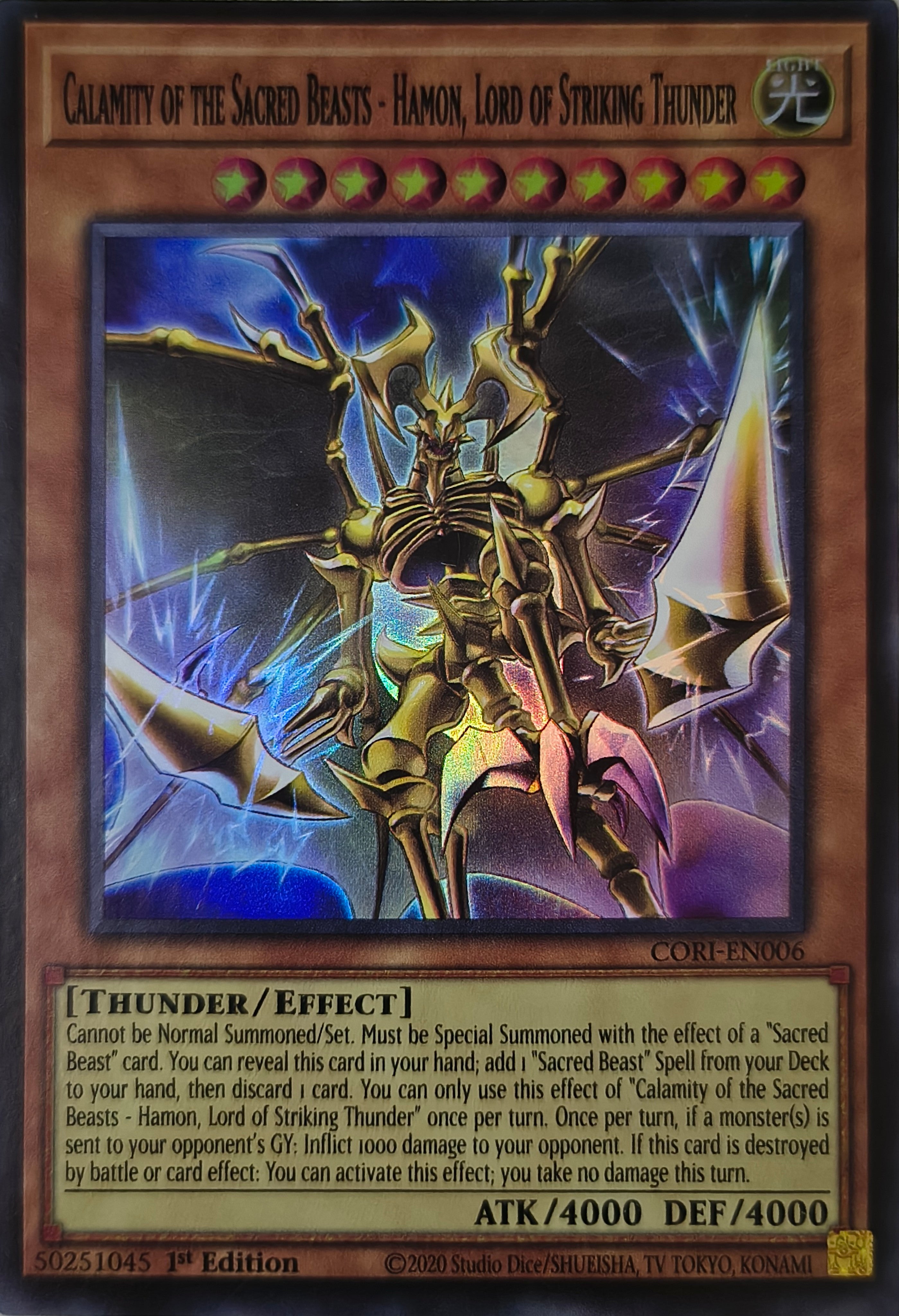 Yugioh! Calamity of the Sacred Beasts - Hamon, Lord of Striking Thunder Cori-en006 1st edition Super Rare
