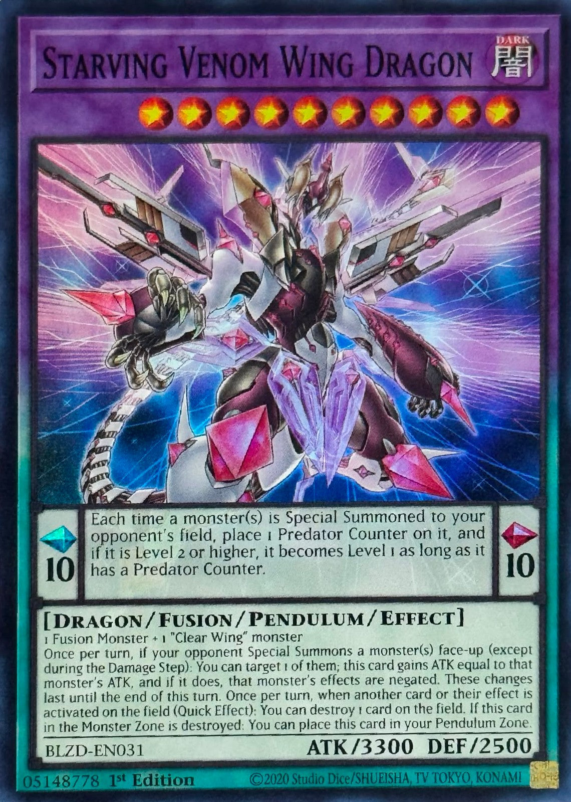 Yugioh! Starving Venom Wing Dragón BLZD-EN031 1st Edition Super